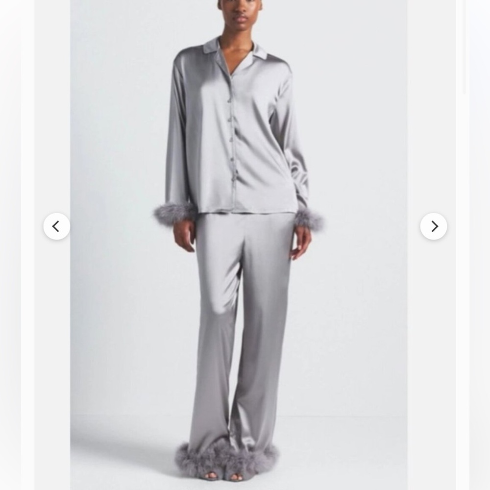 Silky Silver Satin Pajama Set with Feather Cuffs